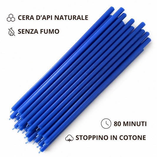 Candele sottili blu disposte in diagonale su fondo bianco, con icone sulle caratteristiche del prodotto