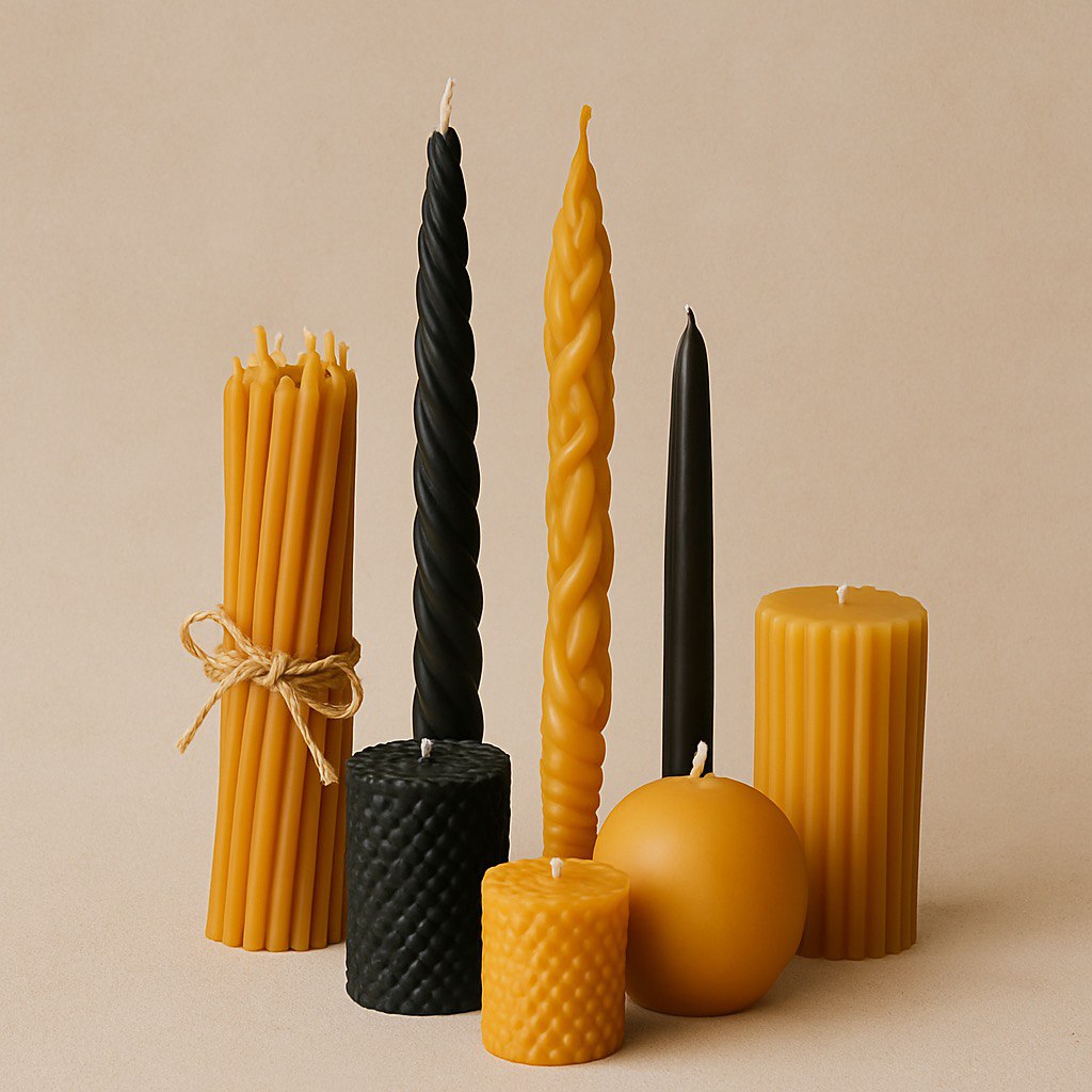 Candele sottili in cera d’api naturale legate con nastro, con logo CanBee — collezione Tutte le candele.