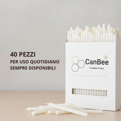 CanBee-Packung mit weißen dünnen Kerzen auf einem hellen Tisch, mit dem Text „40 Stück für den täglichen Gebrauch, immer griffbereit“