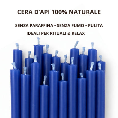 Punte di candele sottili blu in primo piano, con testo sulla cera d’api naturale