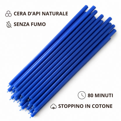 Candele sottili blu disposte in diagonale su fondo bianco, con icone sulle caratteristiche del prodotto