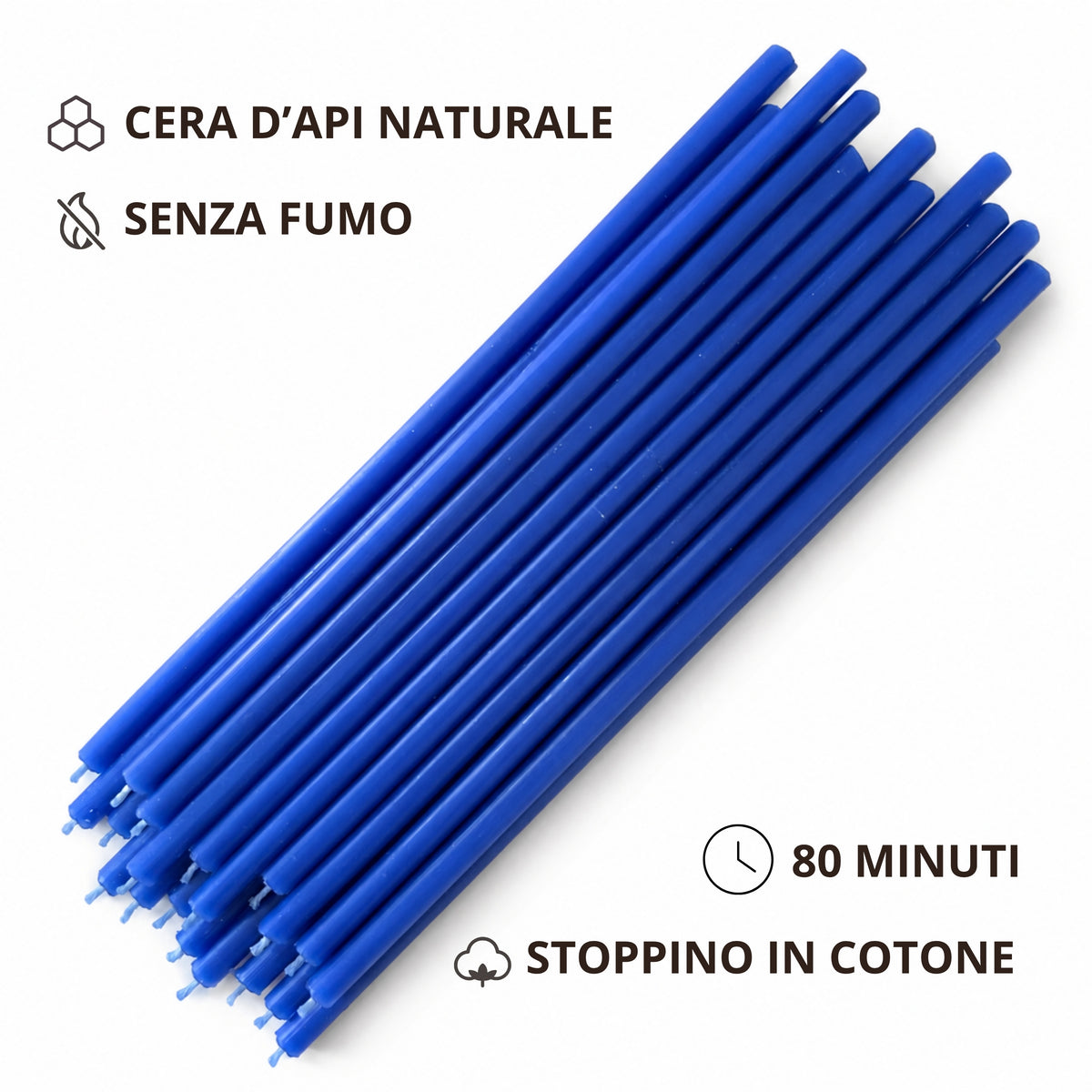Candele sottili blu disposte in diagonale su fondo bianco, con icone sulle caratteristiche del prodotto