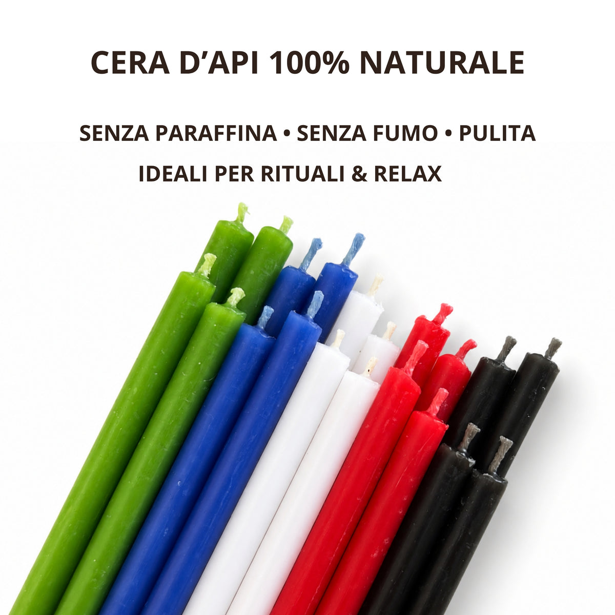 Punte di candele sottili multicolore in primo piano, con testo sulla cera d’api naturale