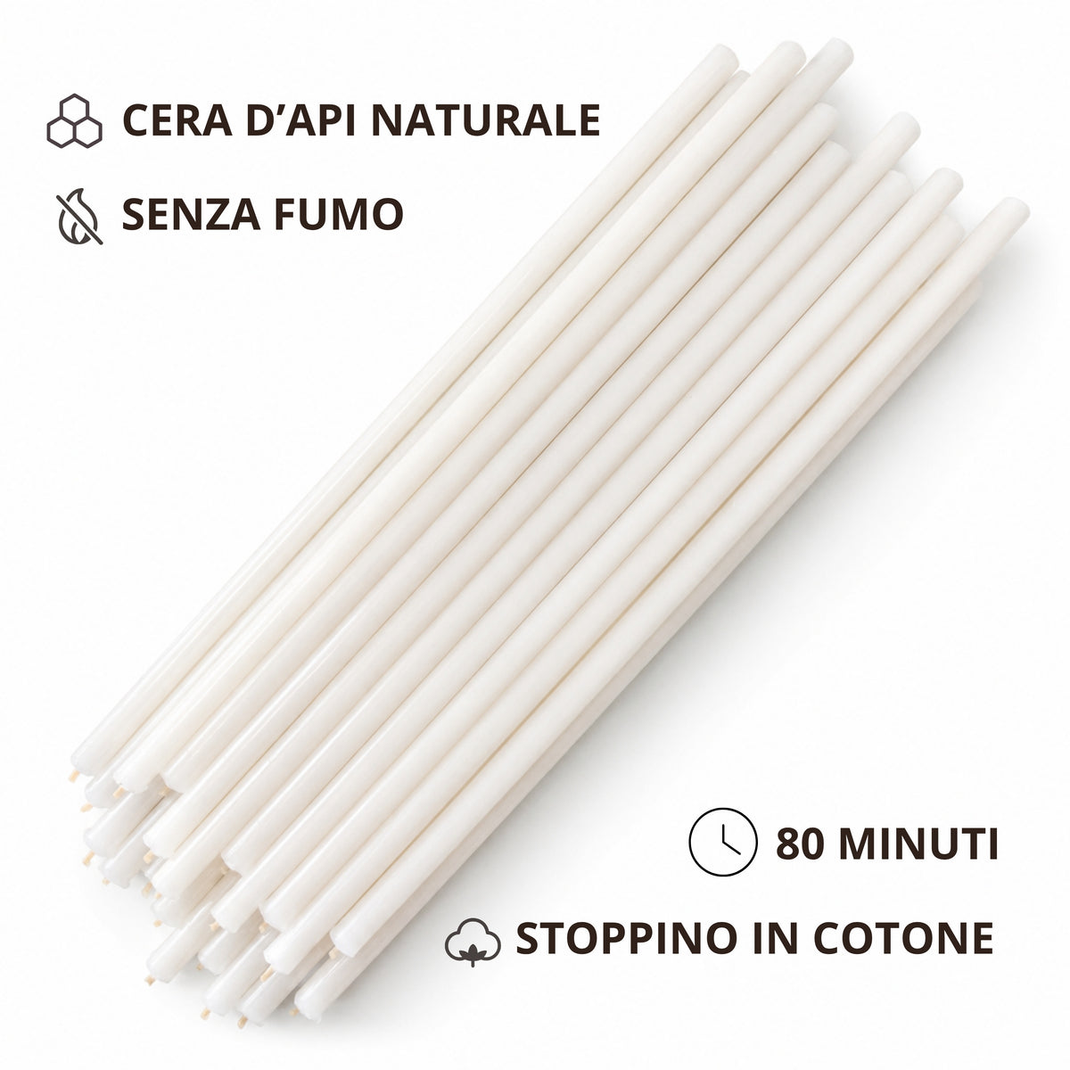Candele sottili bianche disposte in diagonale su fondo bianco, con icone sulle caratteristiche del prodotto