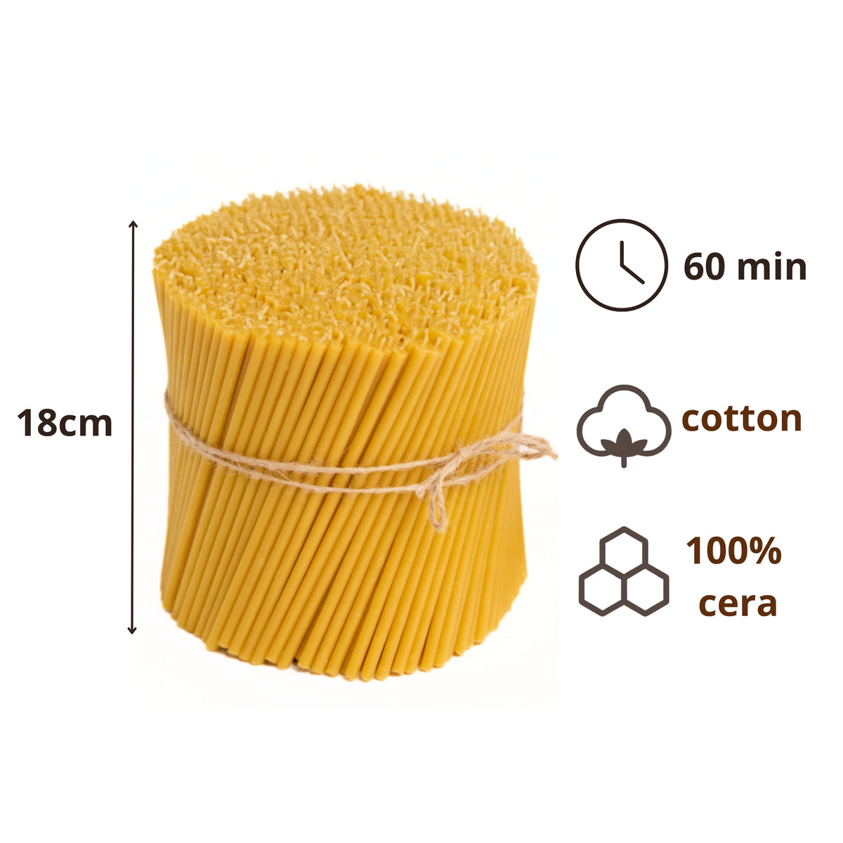 Fascio di candele sottili gialle legato con spago, con icone: 18 cm, 60 minuti, cotone e 100% cera