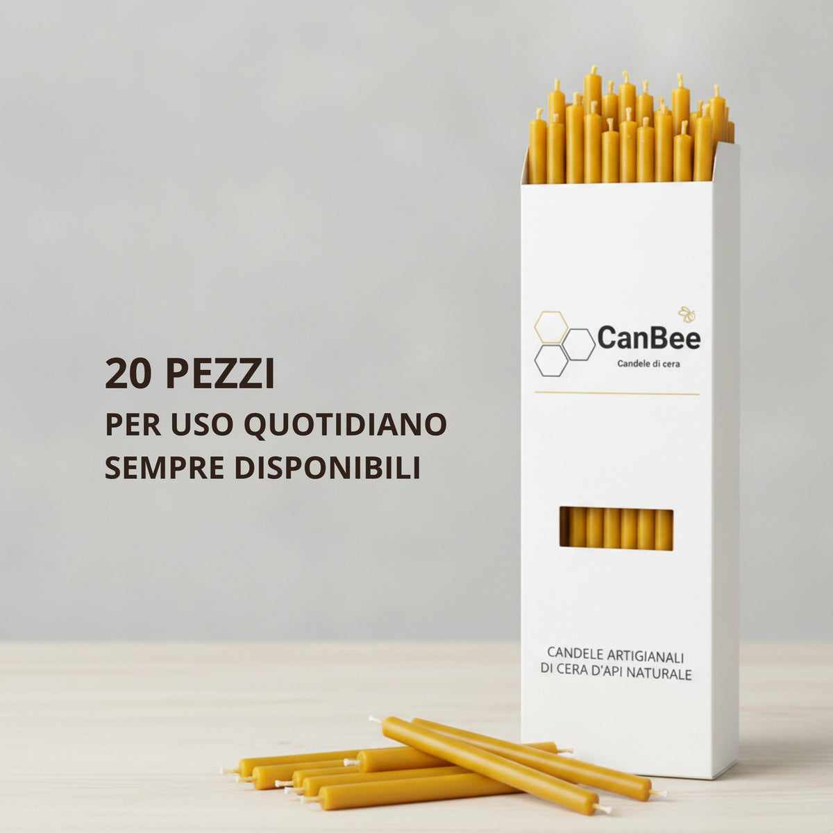 Confezione CanBee con candele sottili gialle su un tavolo chiaro, con testo «20 pezzi per uso quotidiano, sempre disponibili»