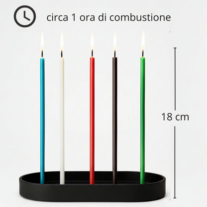 Cinque candele sottili di colori diversi su un supporto nero ovale, con indicazione di 18 cm e circa 1 ora di combustione