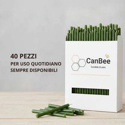 Confezione CanBee con candele sottili verdi su un tavolo chiaro, con testo «40 pezzi per uso quotidiano, sempre disponibili»