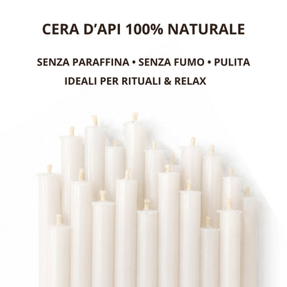 Punte di candele sottili bianche in primo piano, con testo sulla cera d’api naturale