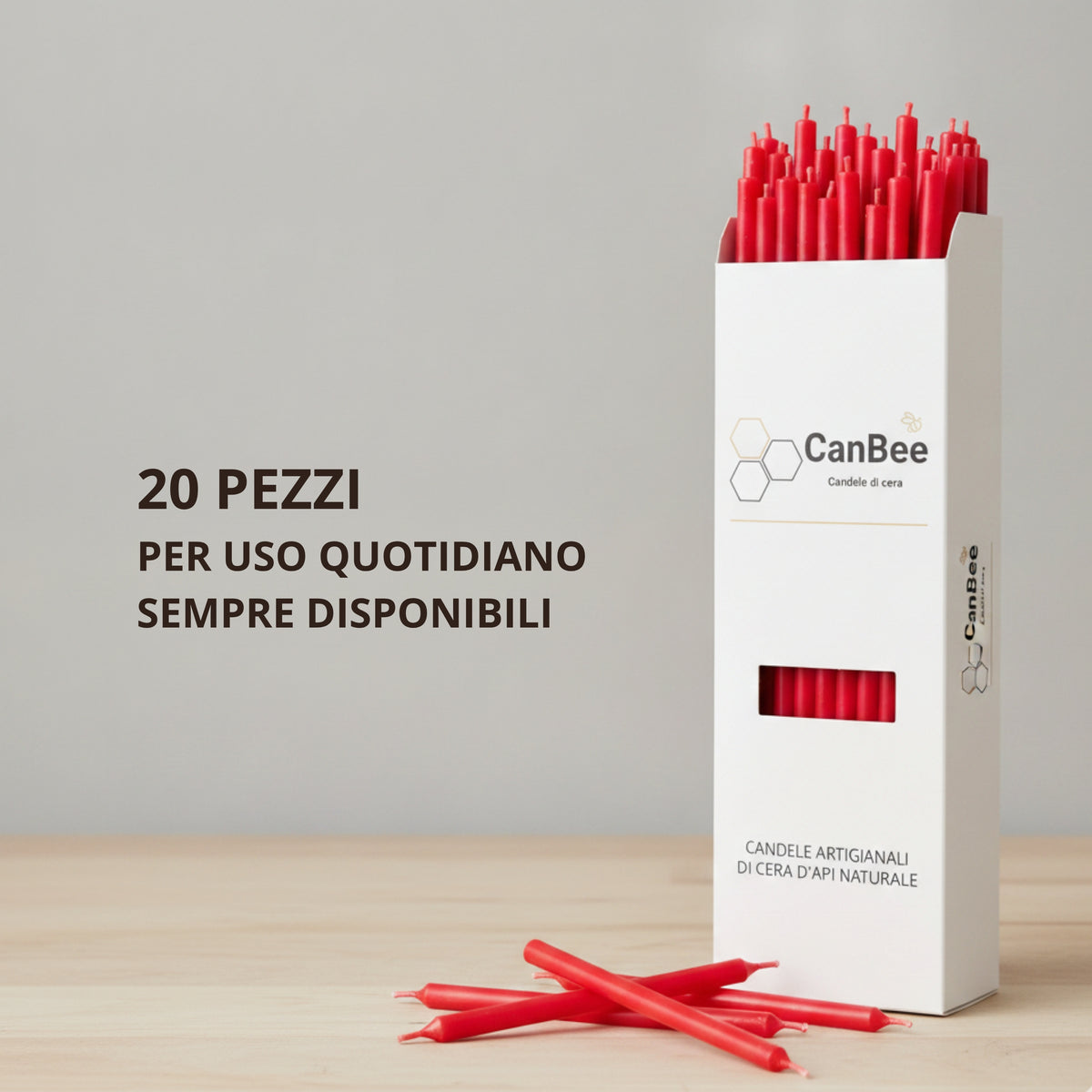 Confezione CanBee con candele sottili rosse su un tavolo chiaro, con testo «20 pezzi per uso quotidiano, sempre disponibili»