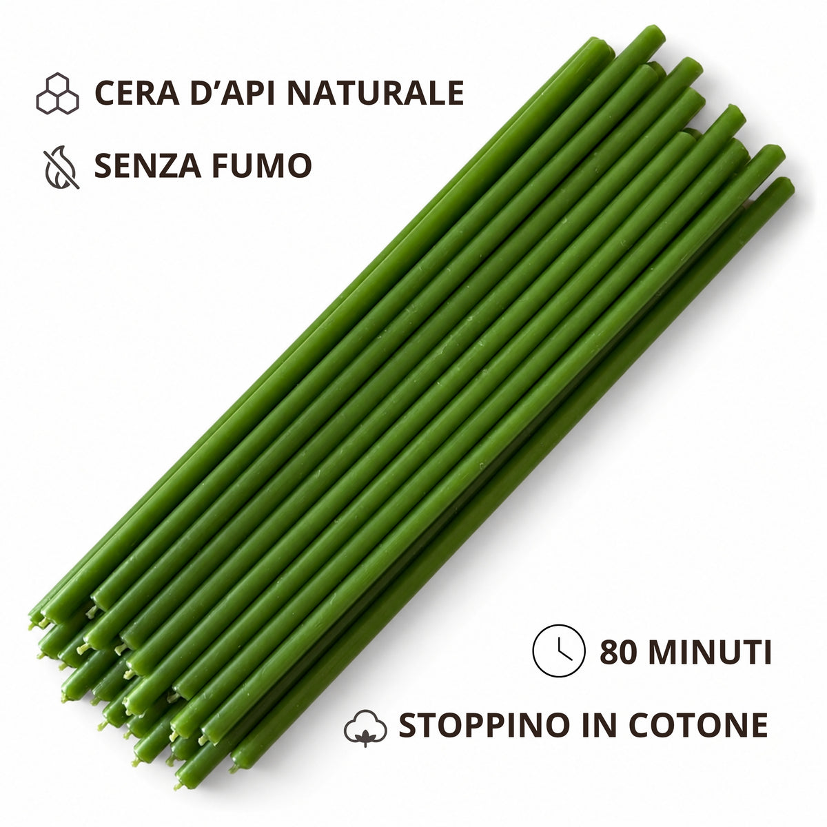 Candele sottili verdi disposte in diagonale su fondo bianco, con icone sulle caratteristiche del prodotto
