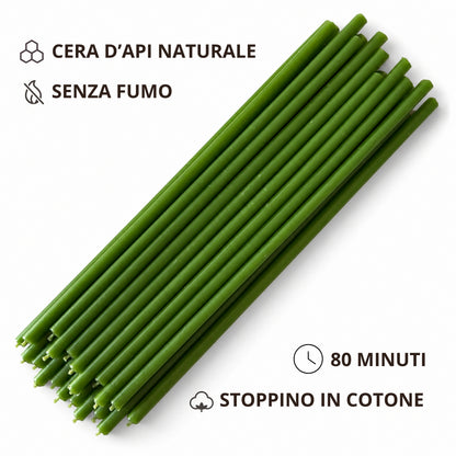 Candele sottili verdi disposte in diagonale su fondo bianco, con icone sulle caratteristiche del prodotto