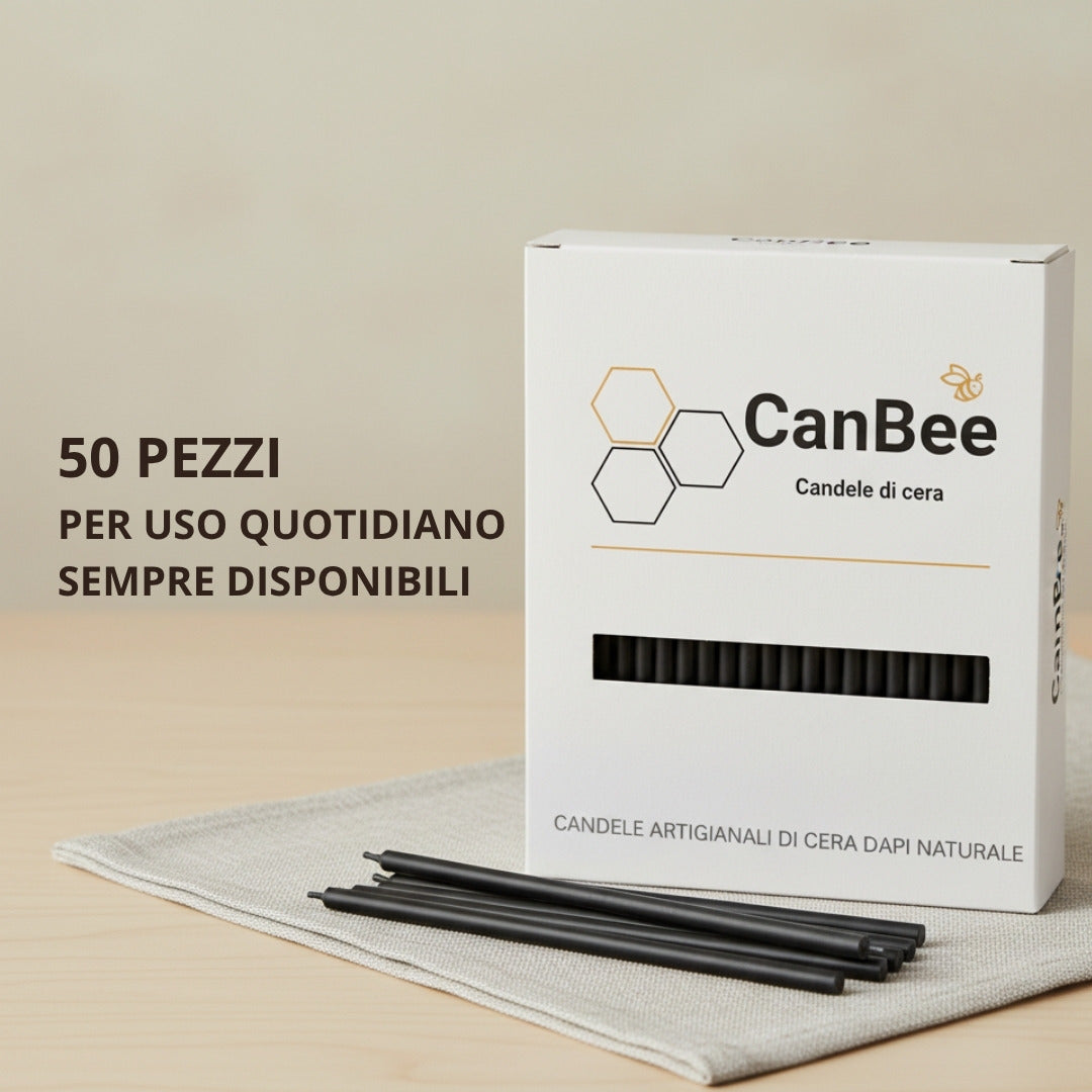 Confezione CanBee con candele sottili nere su un tavolo chiaro, con testo «50 pezzi per uso quotidiano»