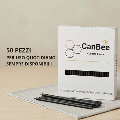 Confezione CanBee con candele sottili nere su un tavolo chiaro, con testo «50 pezzi per uso quotidiano»