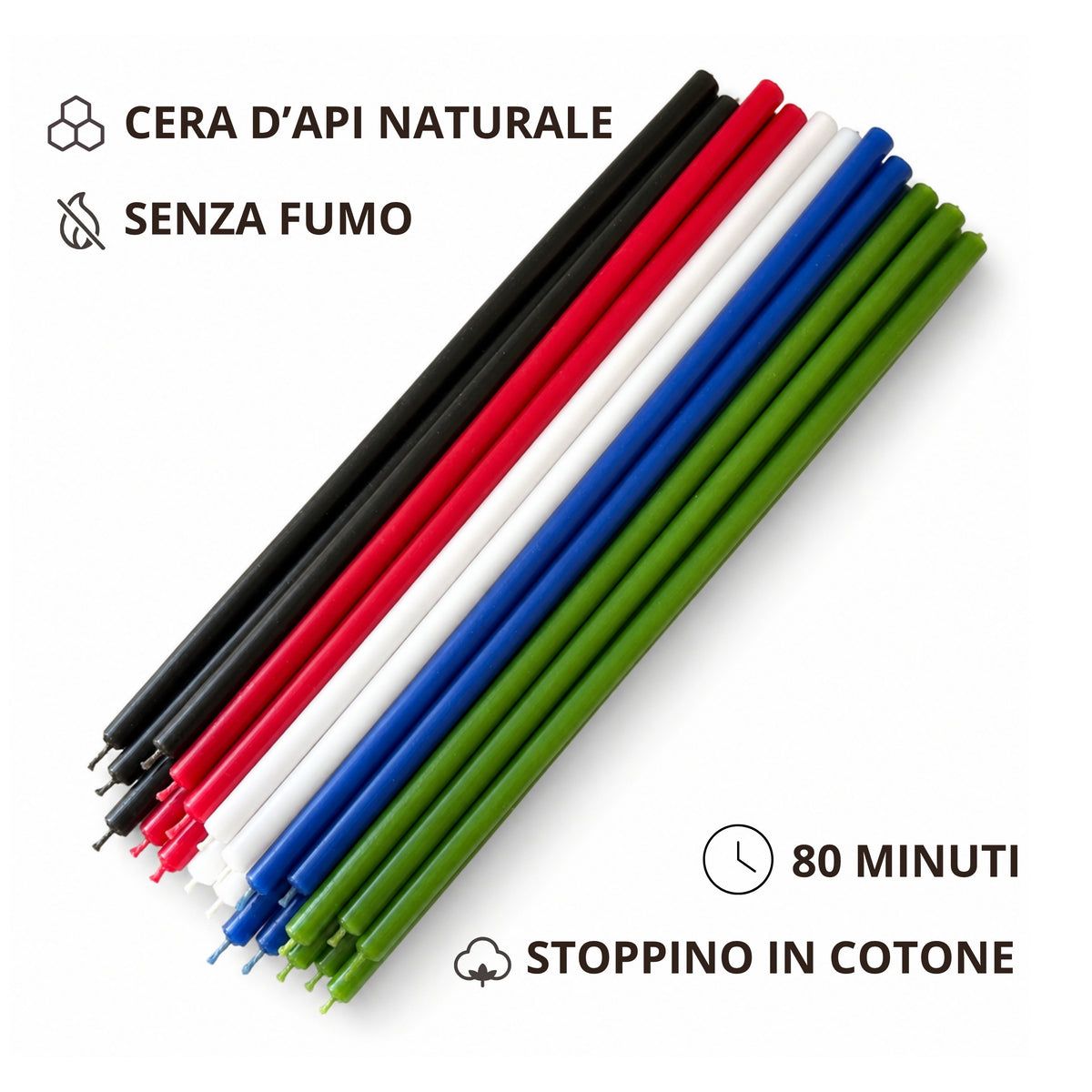 Candele sottili multicolore disposte in diagonale su fondo bianco, con icone sulle caratteristiche del prodotto