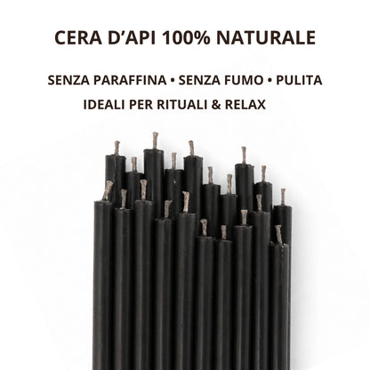 Punte di candele sottili nere in primo piano, con testo sulla cera d’api naturale