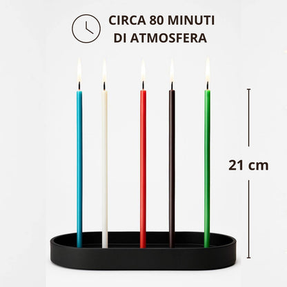 Cinque candele sottili di colori diversi su un supporto nero ovale, con indicazioni di altezza e durata