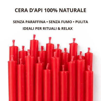 Punte di candele sottili rosse in primo piano, con testo sulla cera d’api naturale