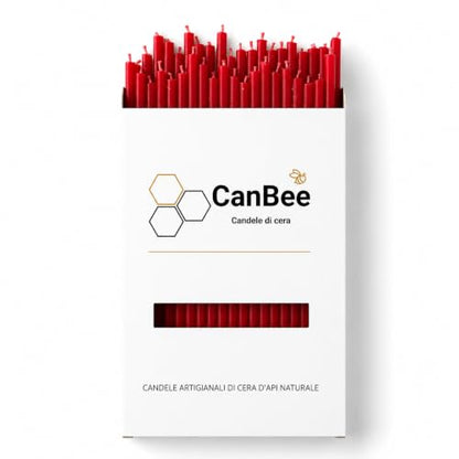 CanBee-Packung auf weißem Hintergrund mit roten dünnen Kerzen