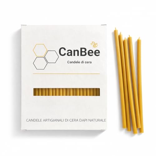 Confezione CanBee su sfondo bianco con candele sottili gialle accanto