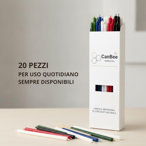 Confezione CanBee con candele sottili multicolore su un tavolo chiaro, con testo «20 pezzi per uso quotidiano, sempre disponibili»