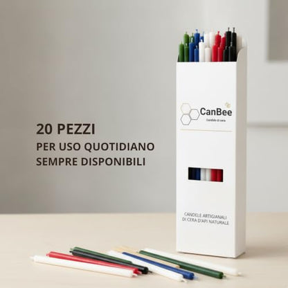 Confezione CanBee con candele sottili multicolore su un tavolo chiaro, con testo «20 pezzi per uso quotidiano, sempre disponibili»