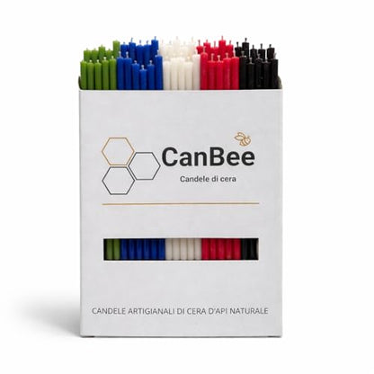 CanBee-Packung auf weißem Hintergrund mit mehrfarbigen dünnen Kerzen daneben