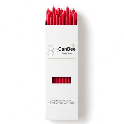 Confezione CanBee su sfondo bianco con candele sottili rosse
