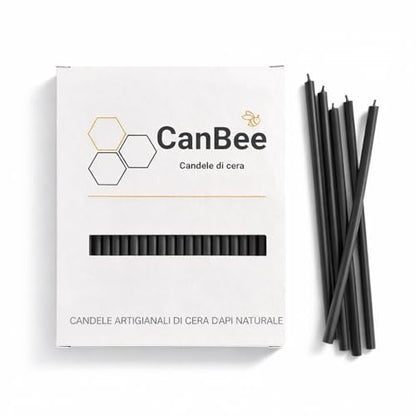 Confezione CanBee su sfondo bianco con candele sottili nere accanto