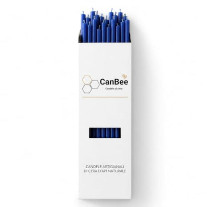 Confezione CanBee su sfondo bianco con candele sottili blu