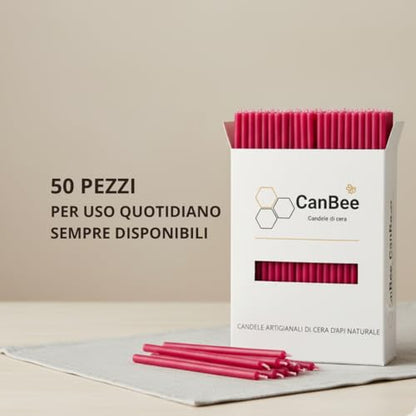 Confezione CanBee con candele sottili rosse su un tavolo chiaro, con testo «50 pezzi per uso quotidiano»