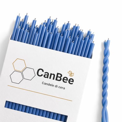 CanBee-Packung mit blauen dünnen Kerzen und einer gedrehten Kerze daneben