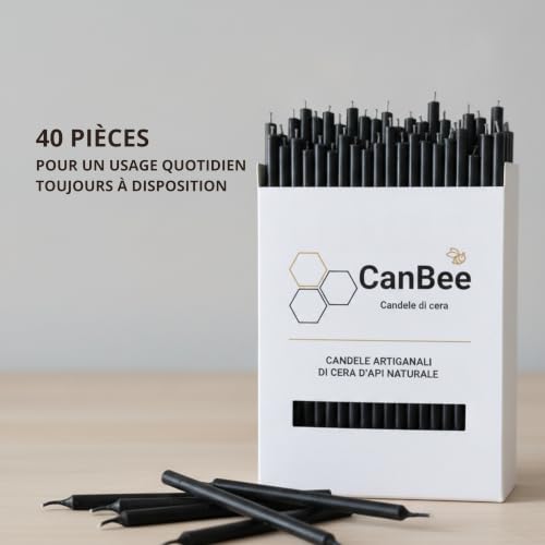 Confezione CanBee con candele sottili nere su un tavolo chiaro, con testo in francese sulla quantità di 40 pezzi