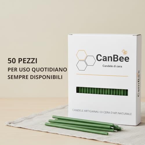 Confezione CanBee con candele sottili verdi su un tavolo chiaro, con testo «50 pezzi per uso quotidiano»