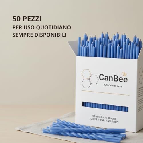 CanBee-Packung mit blauen dünnen Kerzen auf einem hellen Tisch, mit dem Text „50 Stück für den täglichen Gebrauch“