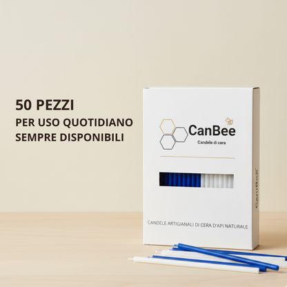 Set 50 Candele Sottili Bianche e Blu 100% Cera d’Api Naturale – 16 cm per Meditazione e Relax – CanBee