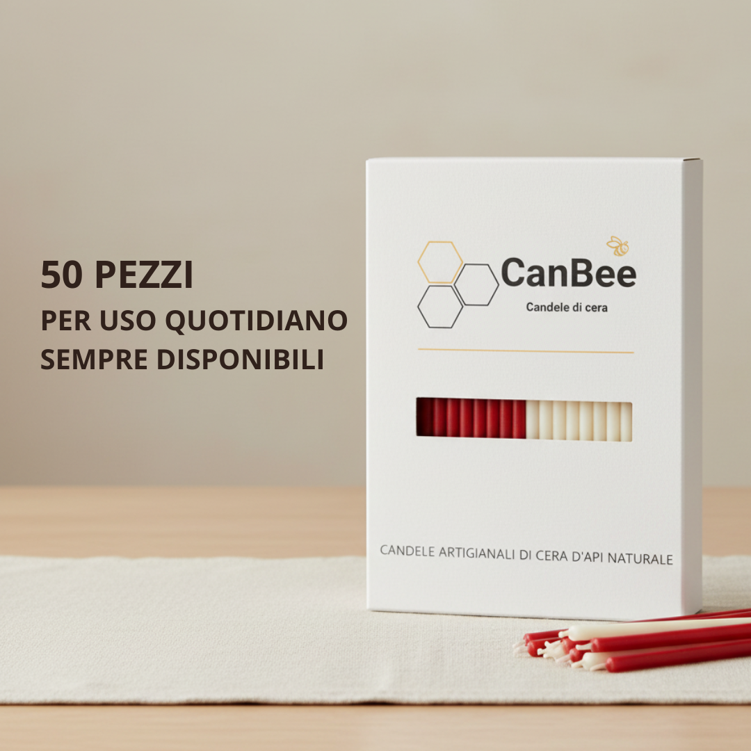 Set 50 Candele Sottili Rosse e Bianche 100% Cera d’Api Naturale – 16 cm per Meditazione e Yoga – CanBee