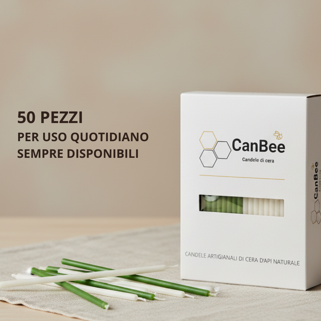 Set 50 Candele Sottili Bianche e Verdi in 100% Cera d’Api Naturale – 16 cm per Meditazione, Yoga e Benessere Naturale – CanBee
