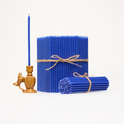 Candele sottili N140 blu in cera d’api naturale, formato bulk (foto 1)