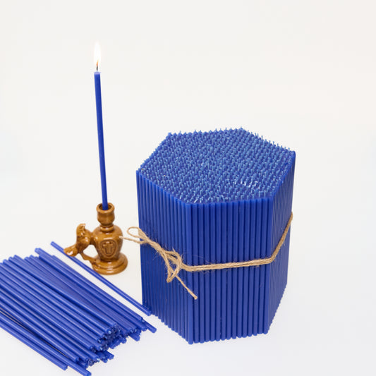 Candele sottili N140 blu in cera d’api naturale, formato bulk (foto 2)
