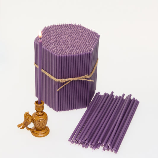 Candele sottili N140 viola in cera d’api naturale, formato bulk (foto 2)
