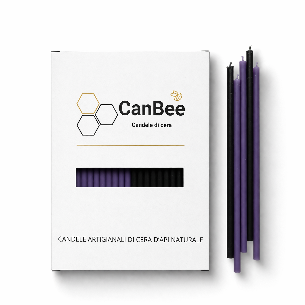 Set 50 Candele Sottili Nere e Viola in 100% Cera d’Api Naturale – 16 cm per Introspezione, Protezione e Calma Profonda – CanBee