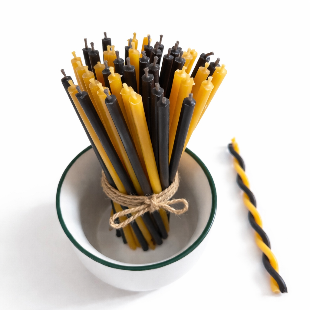 Candele Sottili Nero & Giallo in Cera d’Api Naturale | Protezione, Energia e Chiarezza | 16 cm | Ø 5 mm | Durata 40 min | 50 Pezzi | CanBee