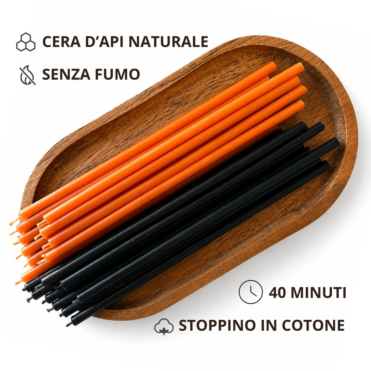 Candele Sottili Arancione e Nero in Cera d’Api Naturale