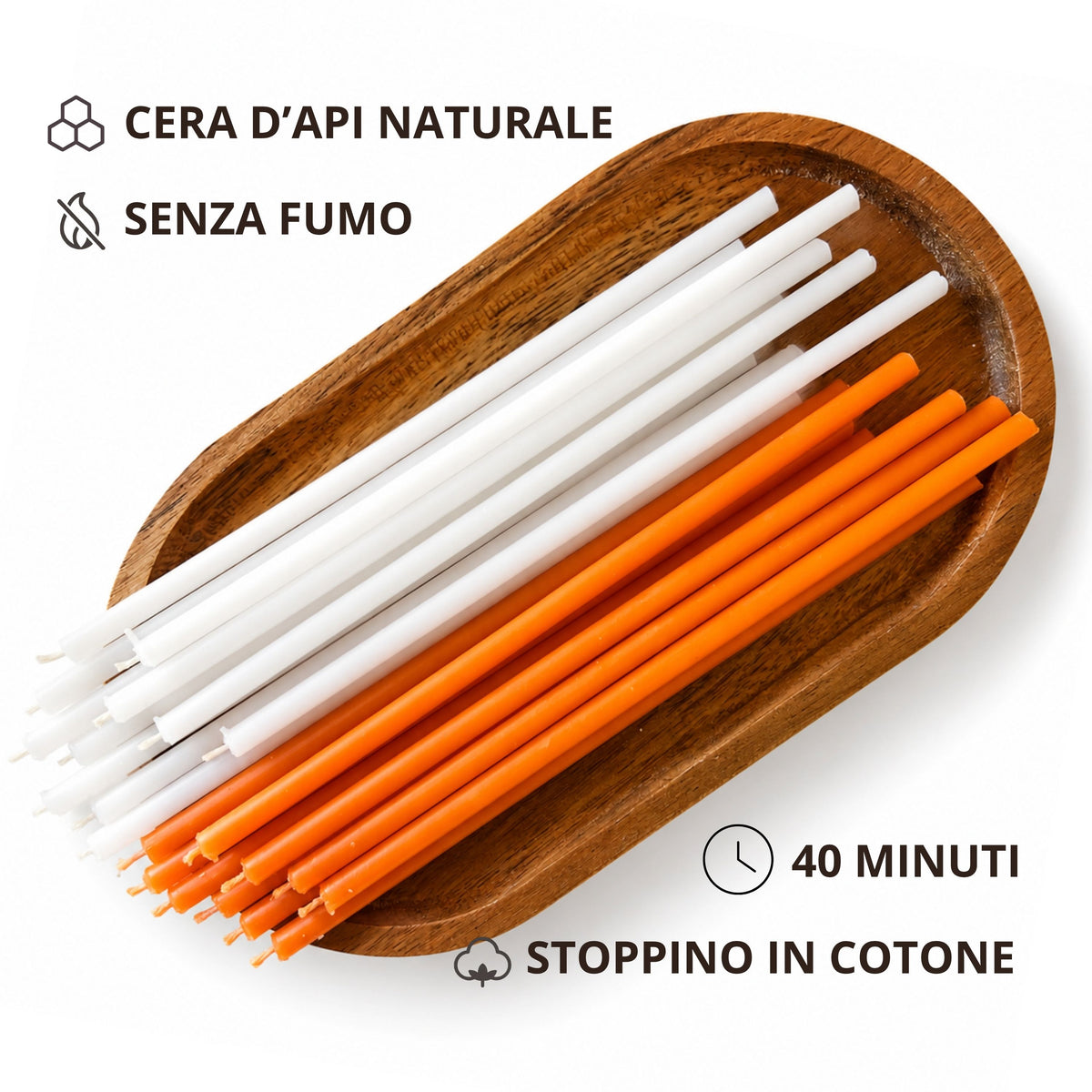 Candele Sottili Arancione e Bianco in Cera d’Api Naturale