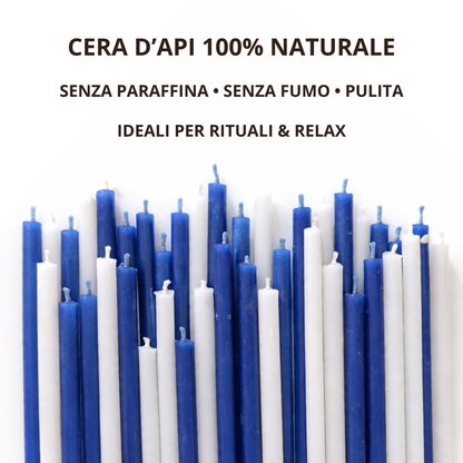Set 50 Candele Sottili Bianche e Blu 100% Cera d’Api Naturale – 16 cm per Meditazione e Relax – CanBee