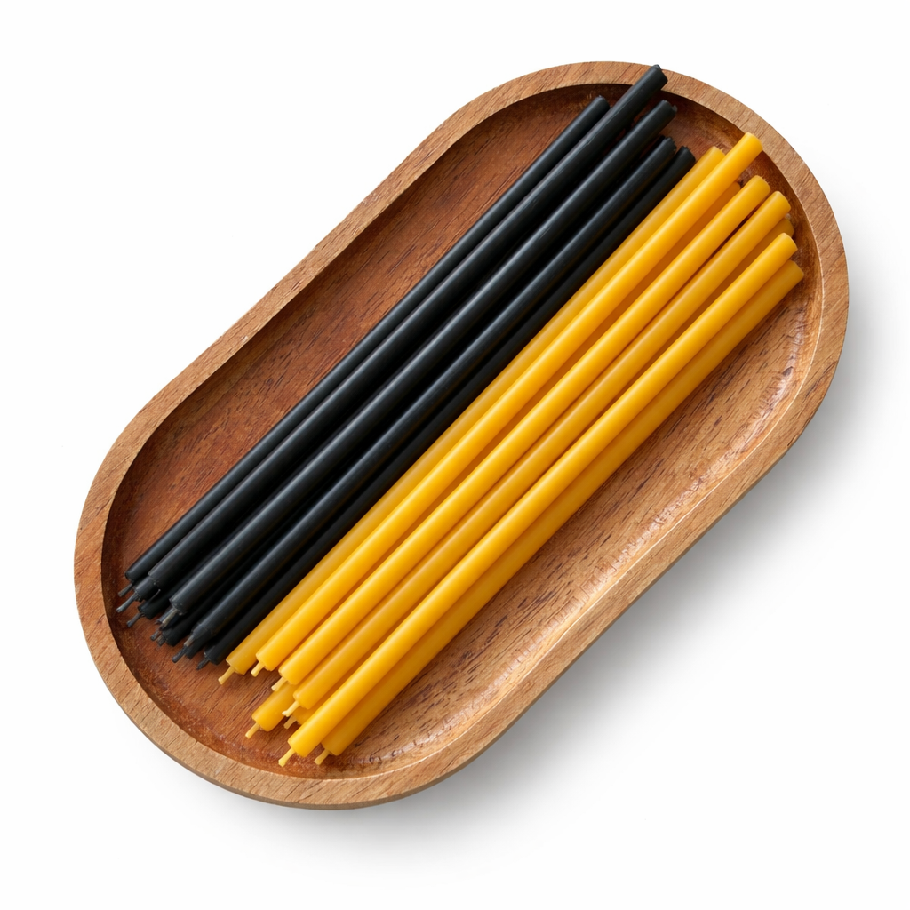 Candele Sottili Nero & Giallo in Cera d’Api Naturale | Protezione, Energia e Chiarezza | 16 cm | Ø 5 mm | Durata 40 min | 50 Pezzi | CanBee