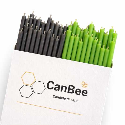 Candele Sottili Nero & Verde in Cera d’Api Naturale | Equilibrio, Protezione e Crescita | 16 cm | Ø 5 mm | Durata 40 min | 50 Pezzi | CanBee
