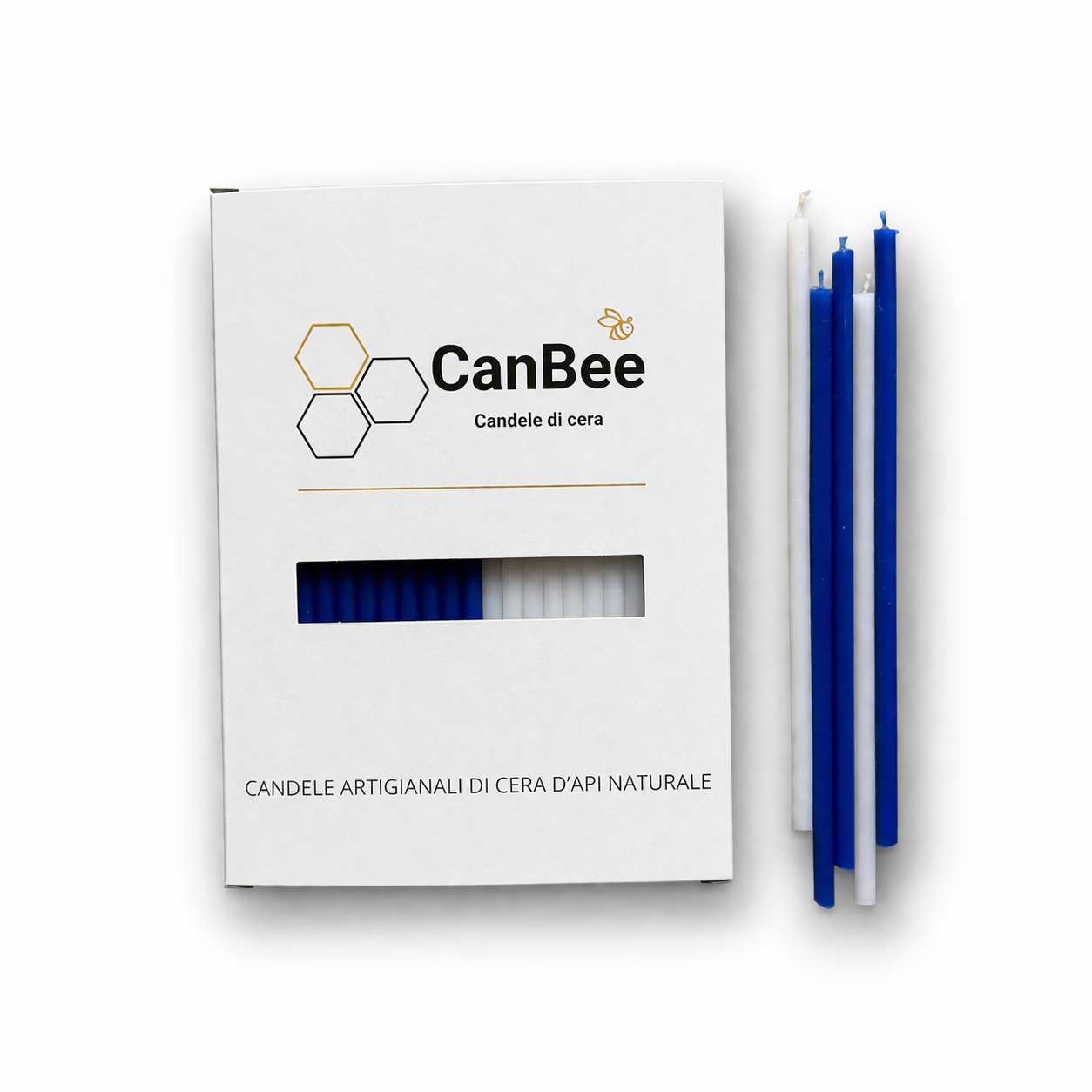 Set 50 Candele Sottili Bianche e Blu 100% Cera d’Api Naturale – 16 cm per Meditazione e Relax – CanBee