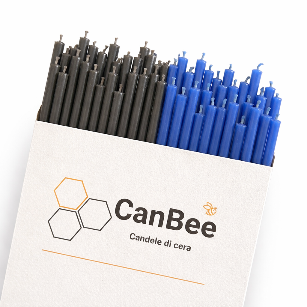 Candele Sottili Nero & Blu in Cera d’Api Naturale | Calma, Protezione e Concentrazione | 16 cm | Ø 5 mm | Durata 40 min | 50 Pezzi | CanBee